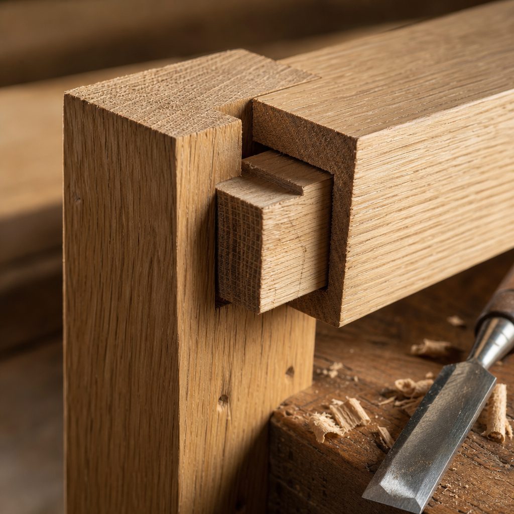 Assemblage tenon-mortaise chevillé en chêne, ciseau à bois posé à côté