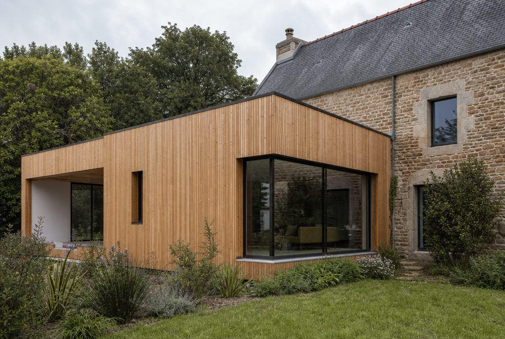 Extension ossature bois bardage douglas sur maison en pierre
