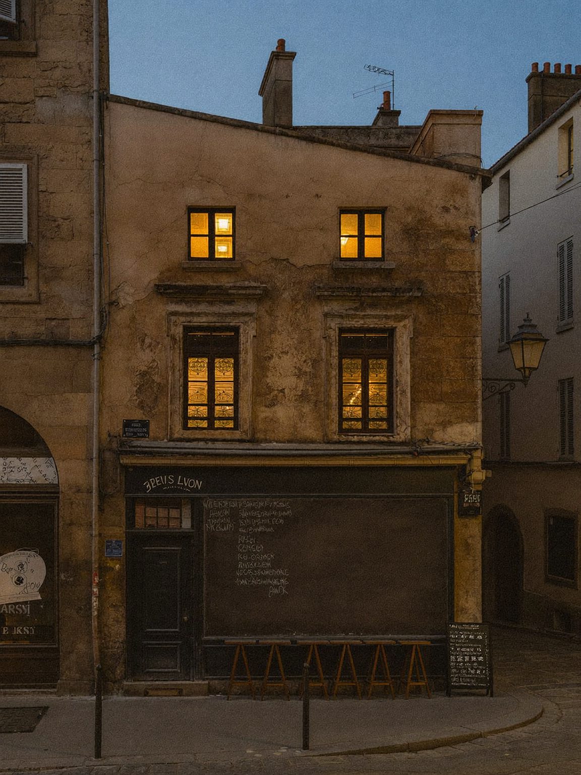 La façade du bistrot à la tombée du soir, vitrines éclairées